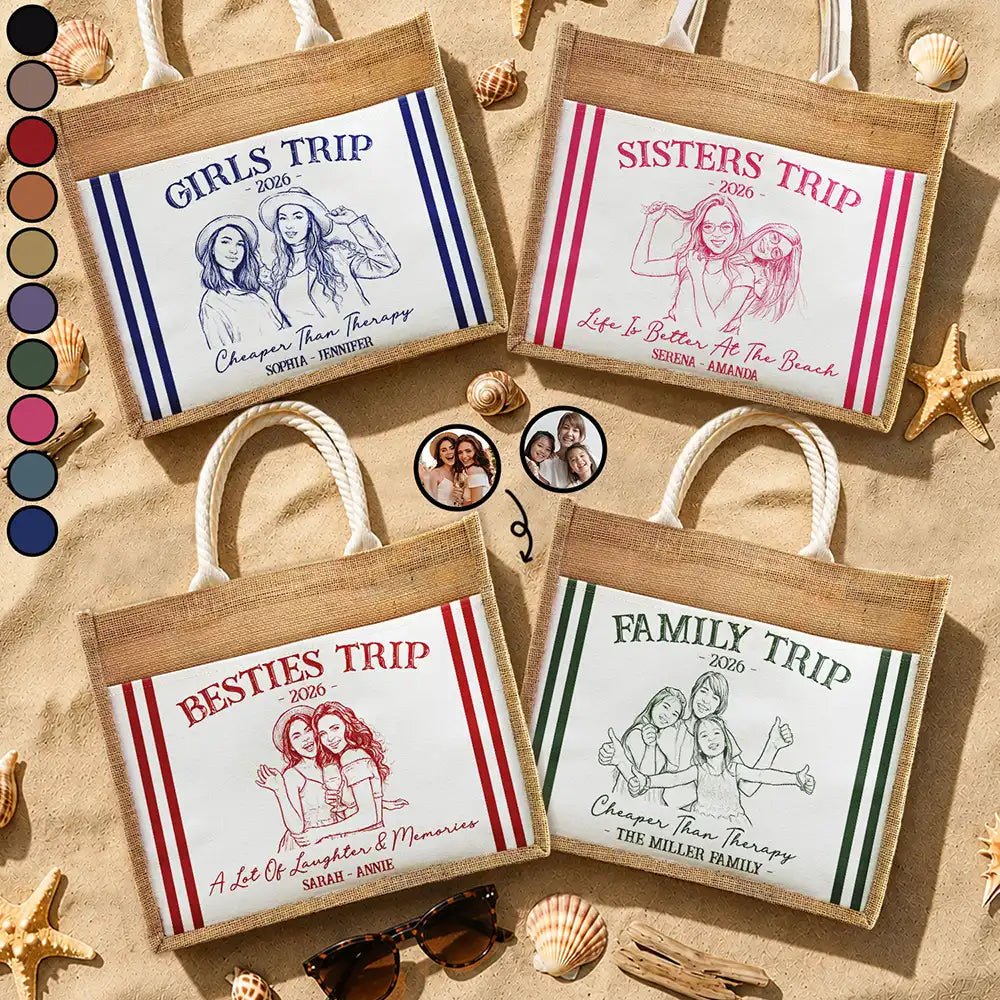 Custom Photo, Art Design, Summer, Gift For Bestie, Playful, Photo - Pencil Sketch - Remove BG - Custom Photo Pencil Sketch Girls Trip A Lot Of Laughter & Memory - Personalized Jute Tote Bag
