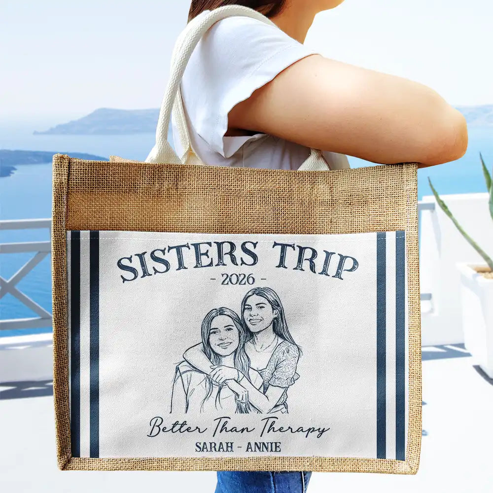 Custom Photo, Art Design, Summer, Gift For Bestie, Playful, Photo - Pencil Sketch - Remove BG - Custom Photo Pencil Sketch Girls Trip A Lot Of Laughter & Memory - Personalized Jute Tote Bag