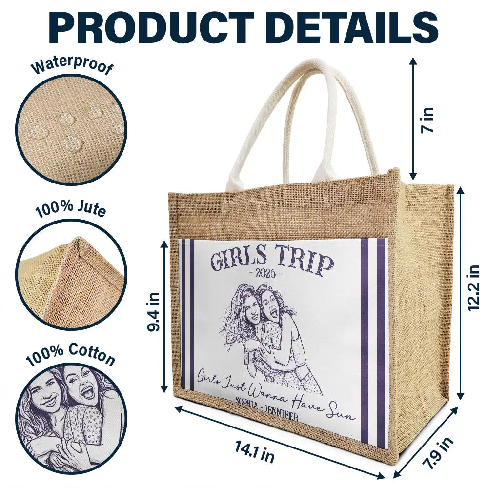 Custom Photo, Art Design, Summer, Gift For Bestie, Playful, Photo - Pencil Sketch - Remove BG - Custom Photo Pencil Sketch Girls Trip A Lot Of Laughter & Memory - Personalized Jute Tote Bag
