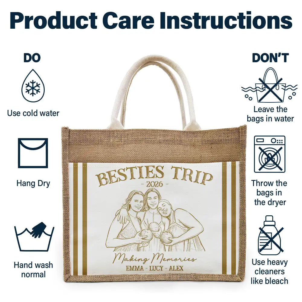 Custom Photo, Art Design, Summer, Gift For Bestie, Playful, Photo - Pencil Sketch - Remove BG - Custom Photo Pencil Sketch Girls Trip A Lot Of Laughter & Memory - Personalized Jute Tote Bag