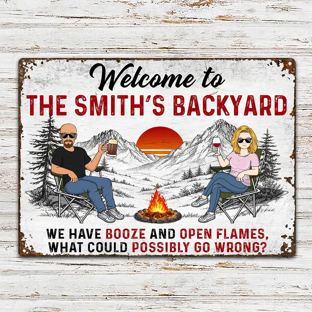Summer, Outdoor Decor, Gift For Couples, Camping, Humorous, Vector - Firepit We Have Booze And Open Flames - Personalized Classic Metal Signs