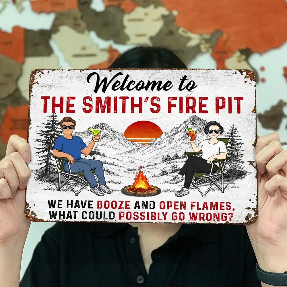 Summer, Outdoor Decor, Gift For Couples, Camping, Humorous, Vector - Firepit We Have Booze And Open Flames - Personalized Classic Metal Signs