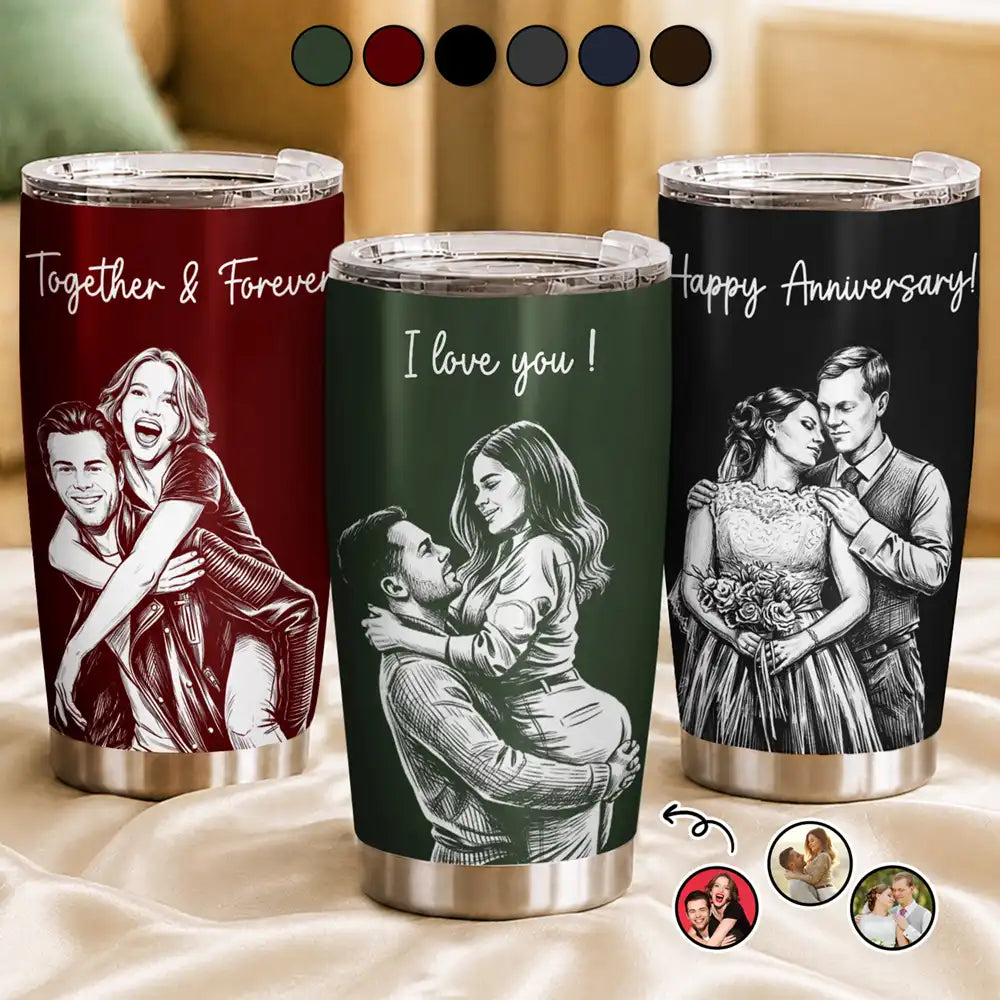 Custom Photo, Art Design, Gift For Couples, Top Market, Romantic, Photo - Pencil Sketch - Dark BG - Custom Photo White Pencil Sketch Art Happy Anniversary Couple - Personalized Tumbler