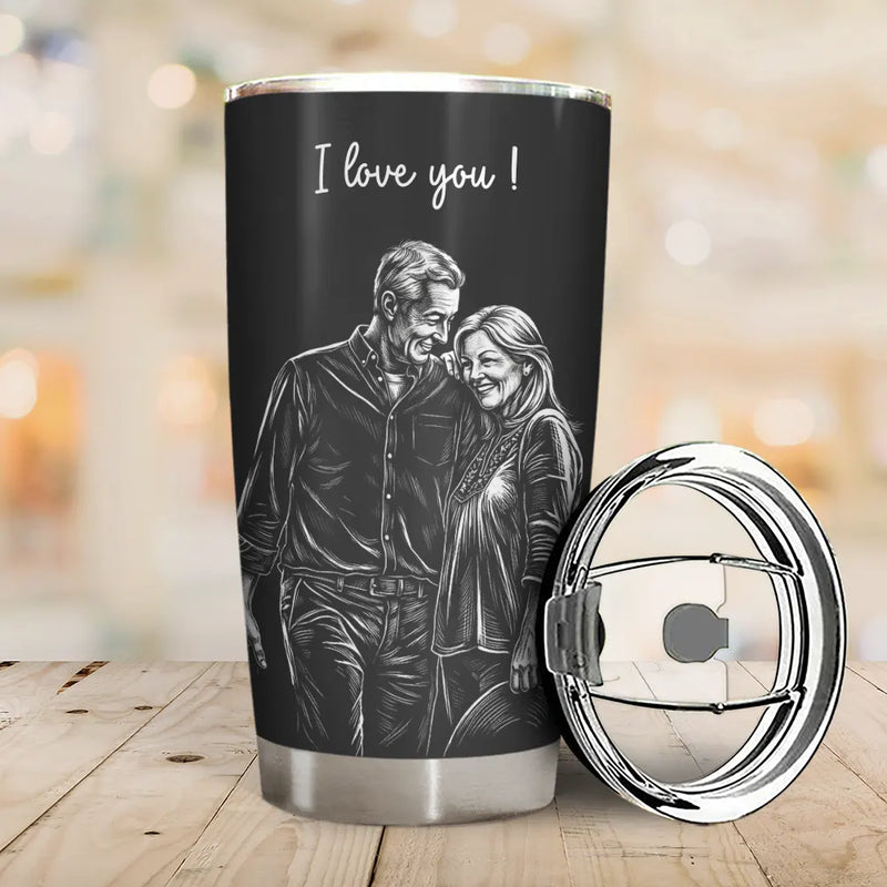 Custom Photo, Art Design, Gift For Couples, Top Market, Romantic, Photo - Pencil Sketch - Dark BG - Custom Photo White Pencil Sketch Art Happy Anniversary Couple - Personalized Tumbler