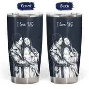 Custom Photo, Art Design, Gift For Couples, Top Market, Romantic, Photo - Pencil Sketch - Dark BG - Custom Photo White Pencil Sketch Art Happy Anniversary Couple - Personalized Tumbler