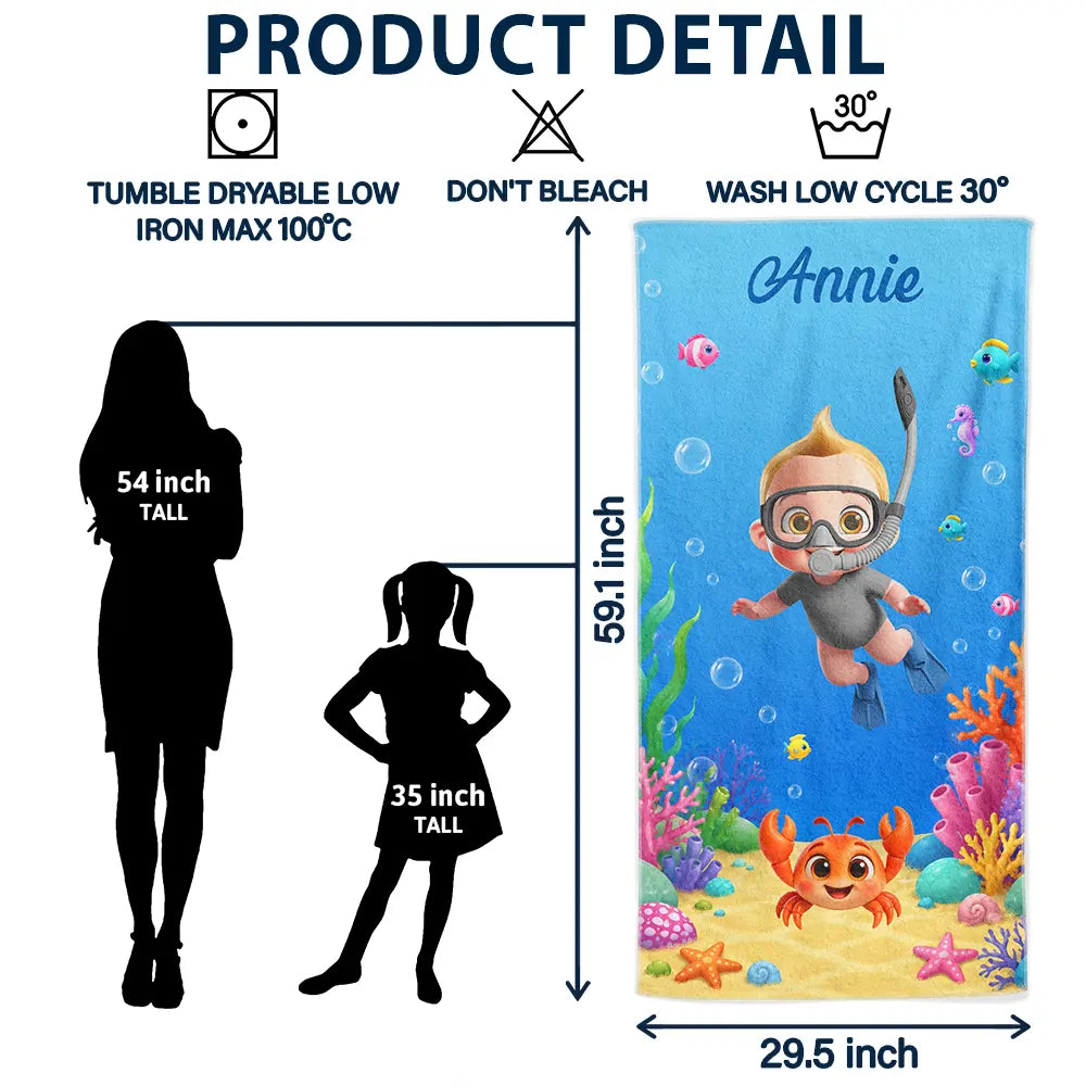 Gift For Kids, Summer, Playful, Vector - Scuba Diving Lovely Kid Ocean Theme - Personalized Beach Towel