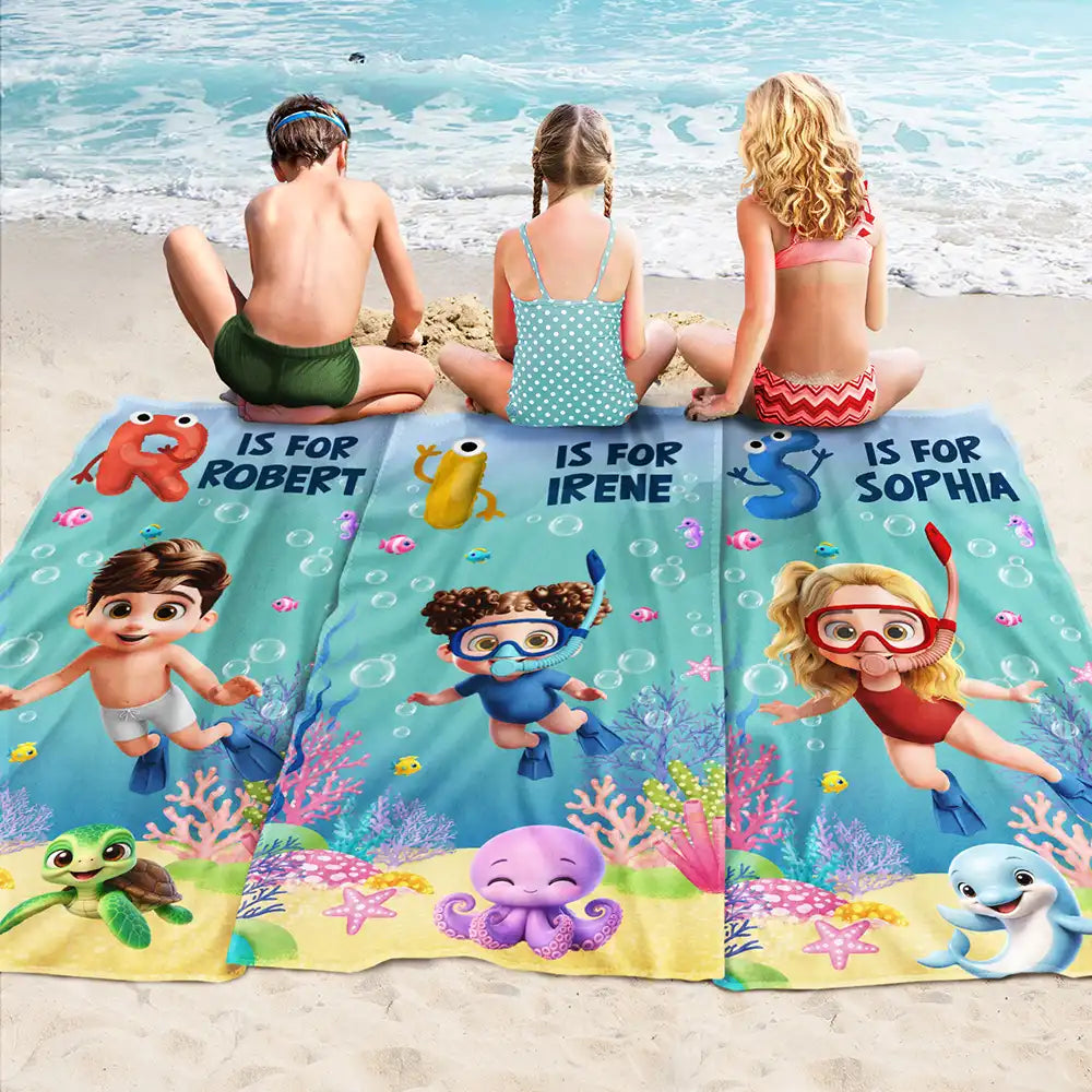 Gift For Kids, Summer, Playful, Vector - Scuba Diving Kid With Name - Personalized Beach Towel