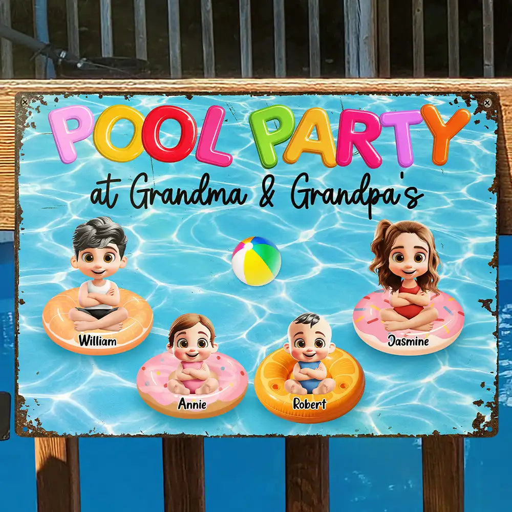 Summer, Gift For Grandma, Gift For Grandkids, Grandma - Grandkids, Gift For Grandchildren, Playful, Vector - Pool Party Grandma & Grandpa House - Personalized Classic Metal Signs