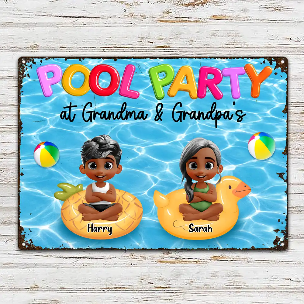 Summer, Gift For Grandma, Gift For Grandkids, Grandma - Grandkids, Gift For Grandchildren, Playful, Vector - Pool Party Grandma & Grandpa House - Personalized Classic Metal Signs