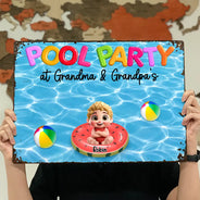 Summer, Gift For Grandma, Gift For Grandkids, Grandma - Grandkids, Gift For Grandchildren, Playful, Vector - Pool Party Grandma & Grandpa House - Personalized Classic Metal Signs