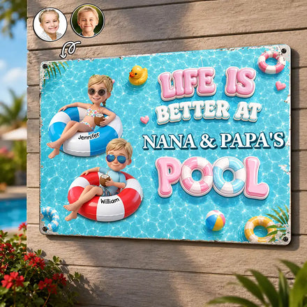 Custom Photo 3D Summer Concept Life Is Better At Nana Papa Pool - Personalized Classic Metal Signs