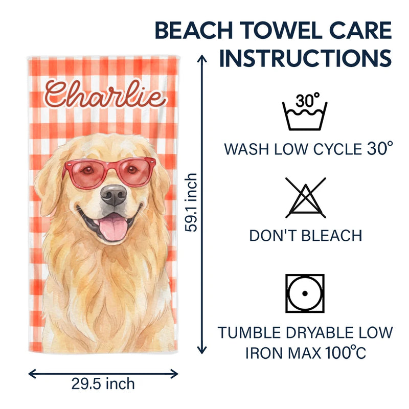 Art Design, Playful, Custom Photo, Summer, Pet Lovers, Photo - Watercolor Summer Pet With Accessories - Custom Photo Watercolor Pet With Summer Accessories Pet Portrait Summer Vibe - Personalized Beach Towel
