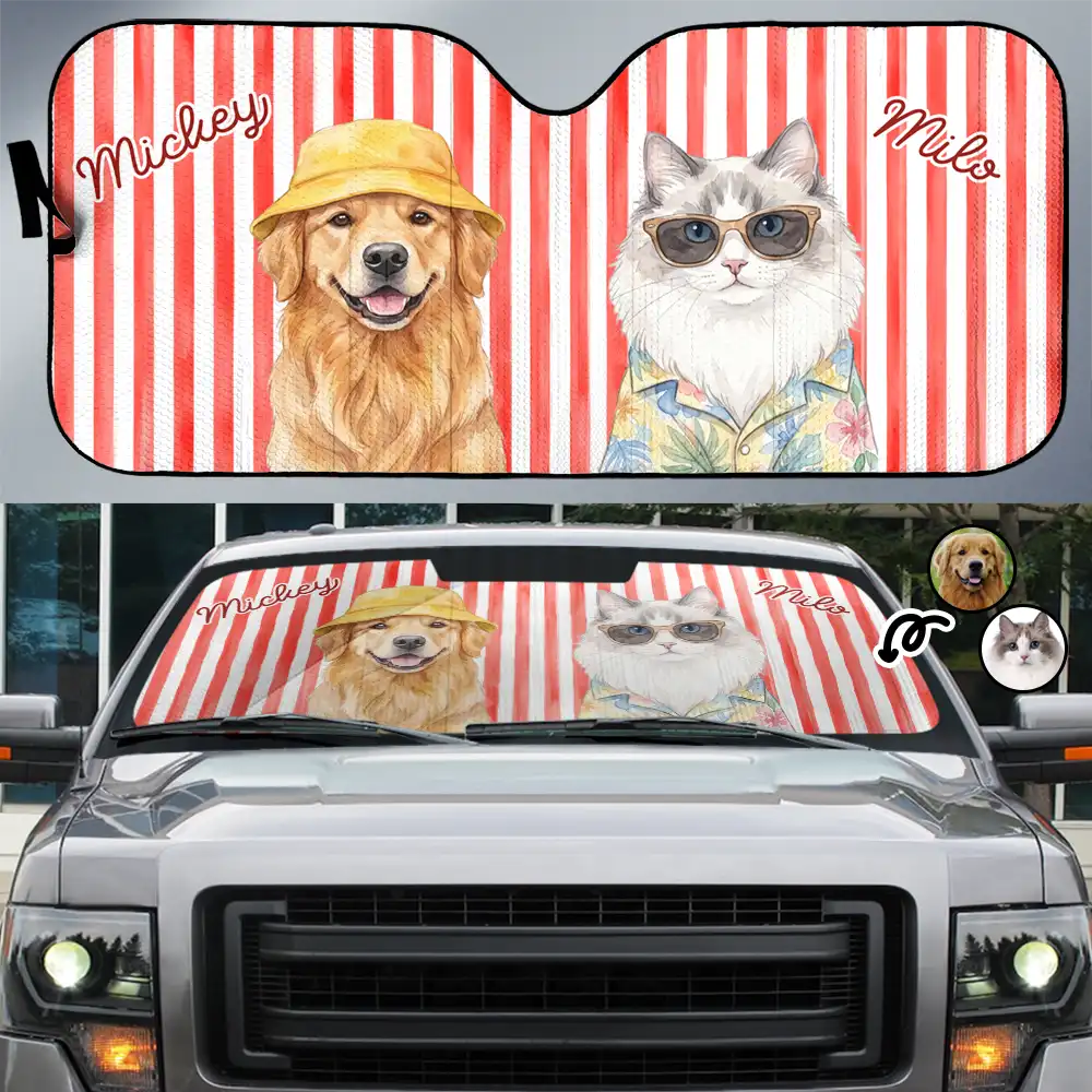 Custom Photo Watercolor Pet With Summer Accessories Pet Portrait - Personalized Auto Sunshade