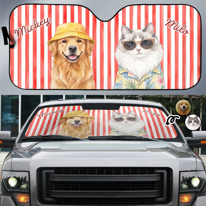 Art Design,Playful,Custom Photo,Summer,Pet Lovers,Photo - Watercolor Summer Pet With Accessories - Custom Photo Watercolor Pet With Summer Accessories Pet Portrait - Personalized Auto Sunshade