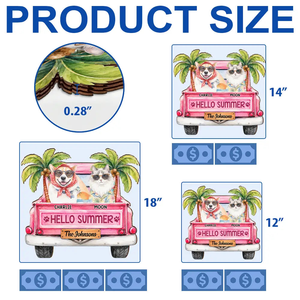 Art Design, Playful, Summer, Pet Lovers, Photo - Watercolor Summer Pet With Accessories - Custom Photo Watercolor Pet With Summer Accessories Hello Summer - Personalized Custom Shaped Wood Sign