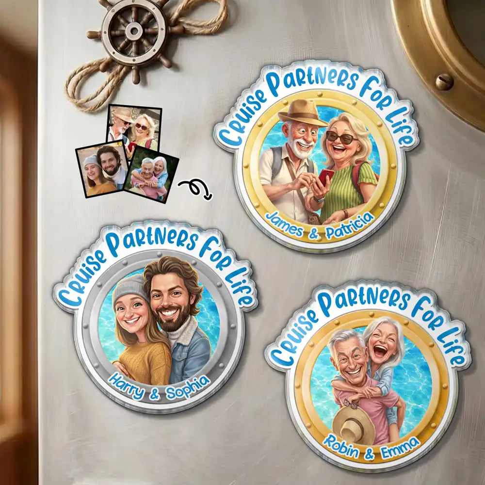 Art Design,Cruising,Humorous,Summer,Gift For Couples,Photo - Caricature - Remove BG - Custom Photo Caricature Cruise Partners For Life - Personalized Acrylic Magnet