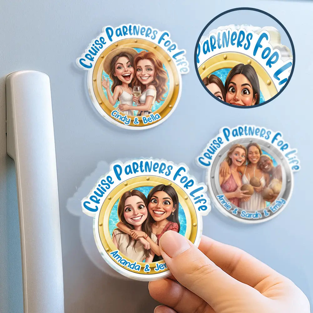 Art Design,Cruising,Humorous,Summer,Gift For Couples,Photo - Caricature - Remove BG - Custom Photo Caricature Cruise Partners For Life - Personalized Acrylic Magnet