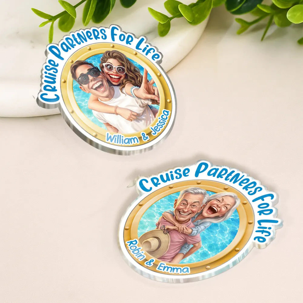 Art Design,Cruising,Humorous,Summer,Gift For Couples,Photo - Caricature - Remove BG - Custom Photo Caricature Cruise Partners For Life - Personalized Acrylic Magnet