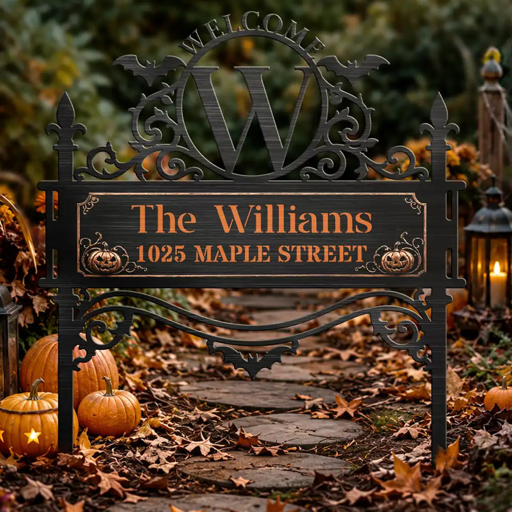 Halloween,Cozy,Family,Custom Text - Haunted Home Family Welcome Sign - Personalized Metal Garden Stake
