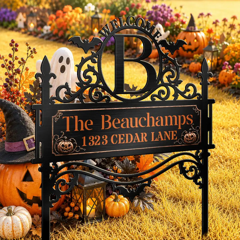 Halloween,Cozy,Family,Custom Text - Haunted Home Family Welcome Sign - Personalized Metal Garden Stake