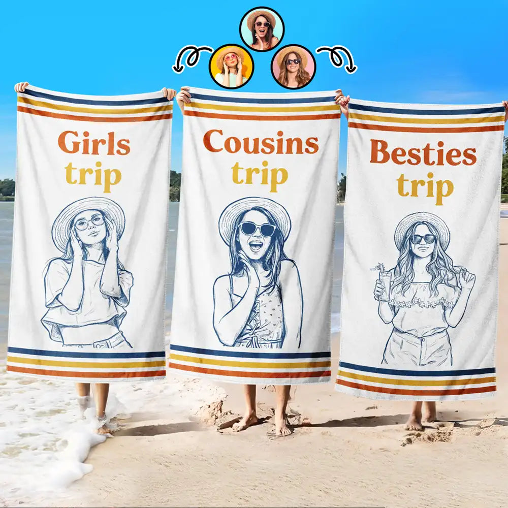 Art Design,Gift For Bestie,Playful,Beach,Summer,Photo - Pencil Sketch - Remove BG - Custom Photo Pencil Sketch Besties Trip Retro - Personalized Beach Towel