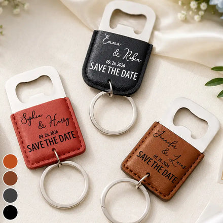 Thank You Gift Couples Wedding Save The Date - Personalized Leather Bottle Opener Keychain