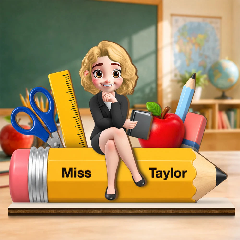Dedicatied Teacher With School Supplies - Personalized Custom Shaped Wooden Plaque