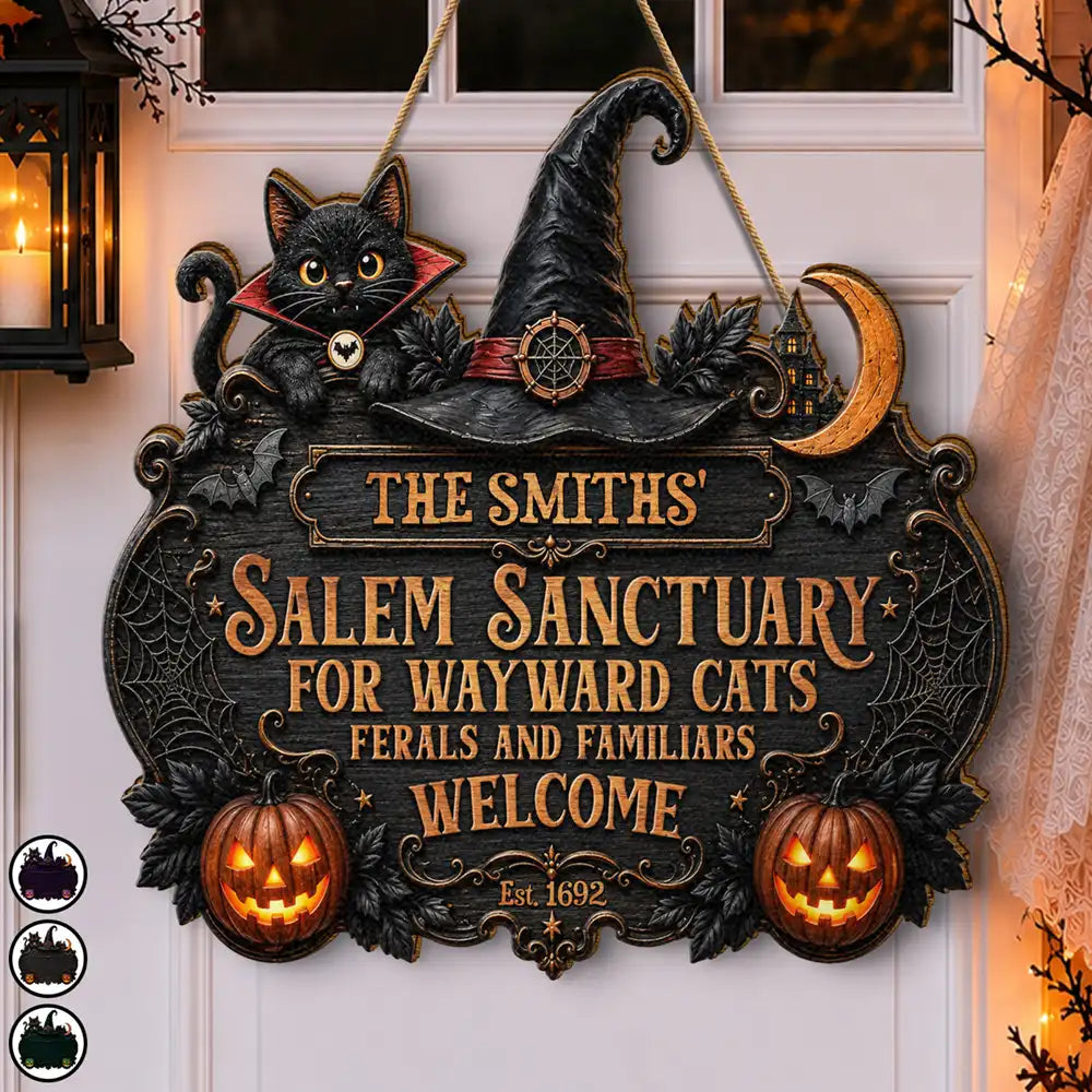 Top Market,Halloween,Family,Custom Text,Happy - Salem Sanctuary For Wayward Cats Ferals - Personalized Custom Shaped Wood Sign