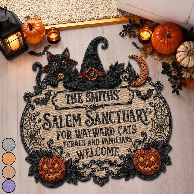 Halloween, Family, Custom Text, Happy - Salem Sanctuary For Wayward Cats Ferals - Personalized Custom Shaped Doormat