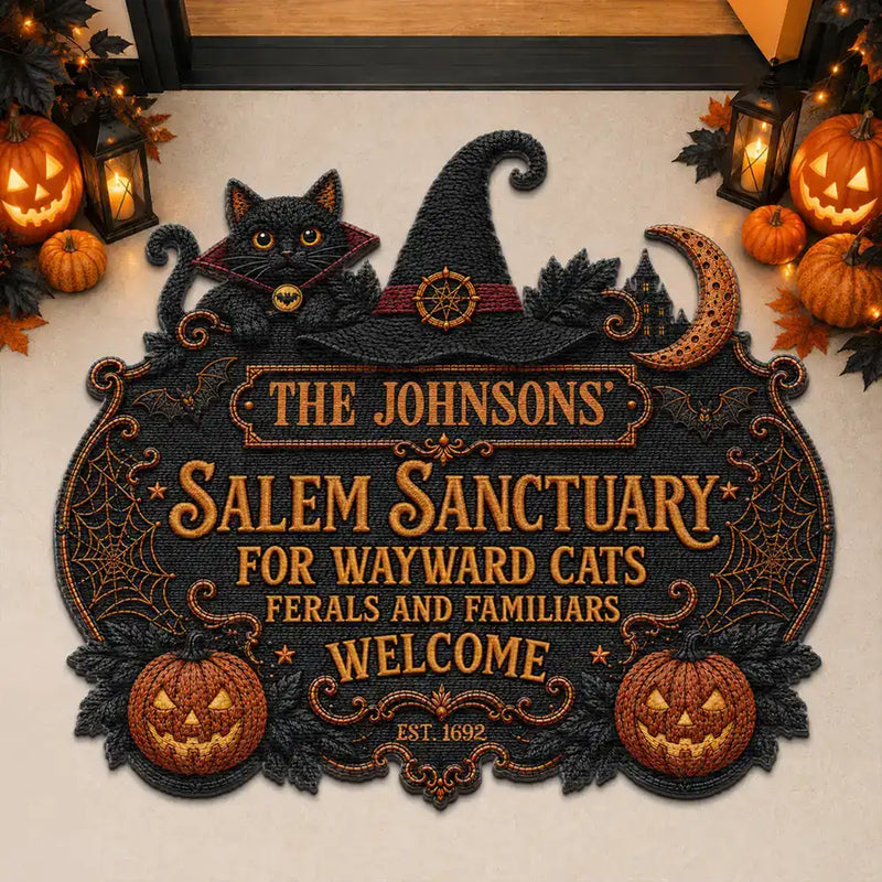 Halloween, Family, Custom Text, Happy - Salem Sanctuary For Wayward Cats Ferals - Personalized Custom Shaped Doormat