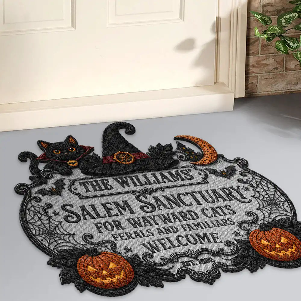 Halloween, Family, Custom Text, Happy - Salem Sanctuary For Wayward Cats Ferals - Personalized Custom Shaped Doormat