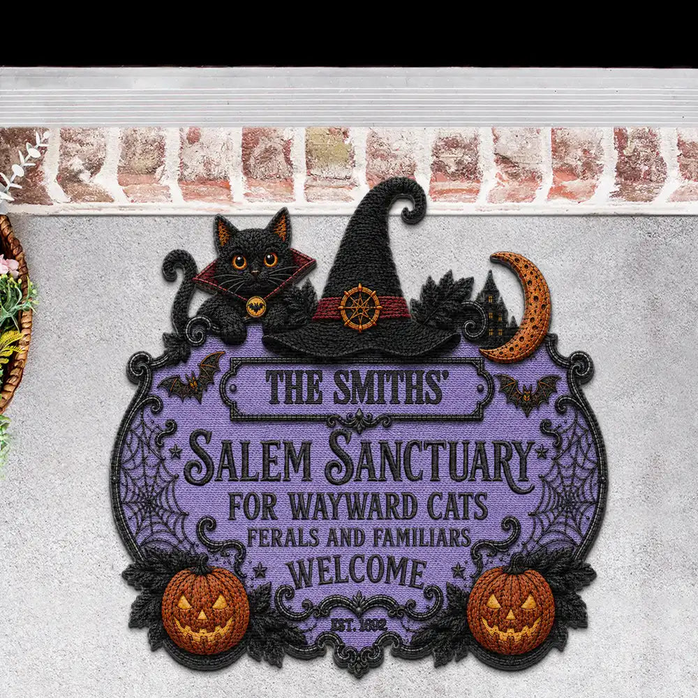 Halloween, Family, Custom Text, Happy - Salem Sanctuary For Wayward Cats Ferals - Personalized Custom Shaped Doormat