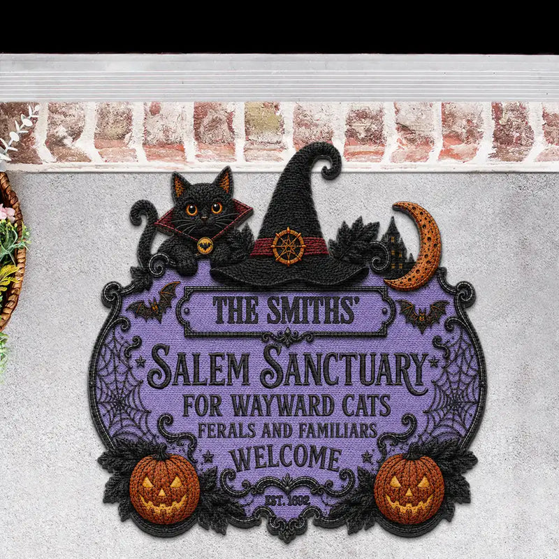 Halloween, Family, Custom Text, Happy - Salem Sanctuary For Wayward Cats Ferals - Personalized Custom Shaped Doormat