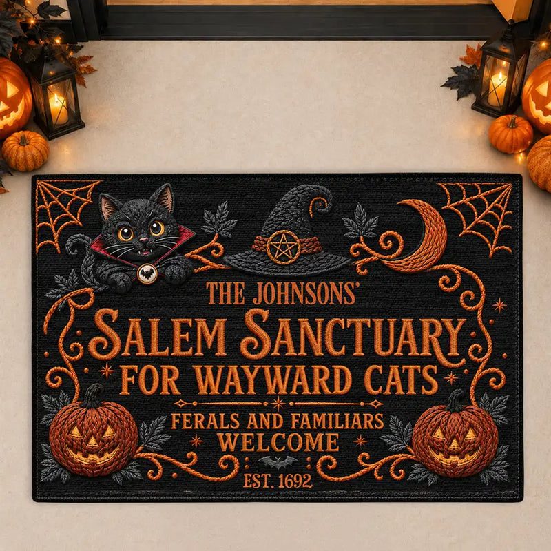 Halloween, Family, Custom Text, Happy - Salem Sanctuary For Wayward Cats Ferals - Personalized Doormat