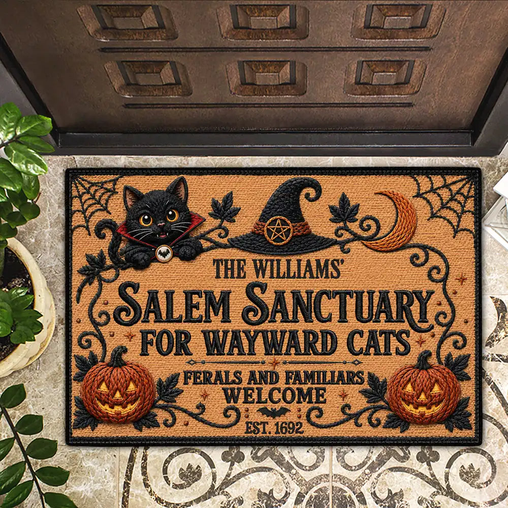 Halloween, Family, Custom Text, Happy - Salem Sanctuary For Wayward Cats Ferals - Personalized Doormat