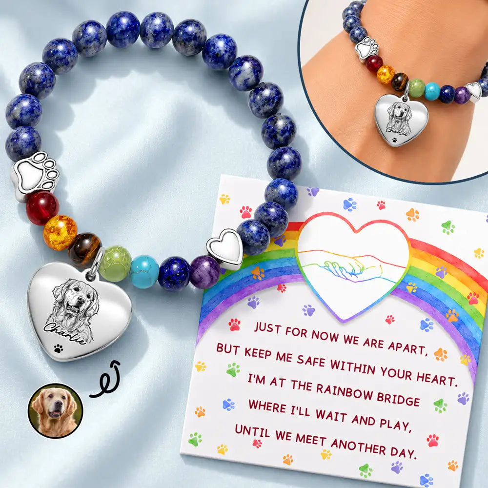 Custom Photo Bold Sketch Pet Memorial I'm At The Rainbow Bridge - Personalized Rainbow Bridge Bracelet
