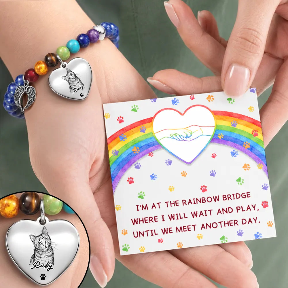 Art Design,Sympathetic,Pet Lovers,Memorial,Photo - Pencil Sketch - Bold - Custom Photo Bold Sketch Pet Memorial I'm At The Rainbow Bridge - Personalized Rainbow Bridge Bracelet