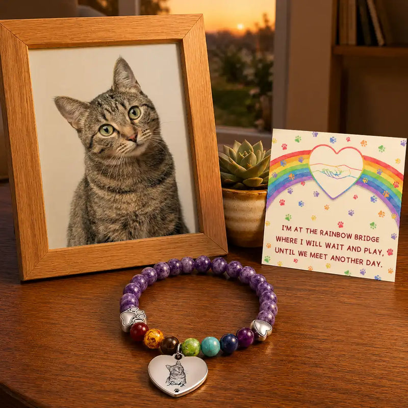 Art Design,Sympathetic,Pet Lovers,Memorial,Photo - Pencil Sketch - Bold - Custom Photo Bold Sketch Pet Memorial I'm At The Rainbow Bridge - Personalized Rainbow Bridge Bracelet