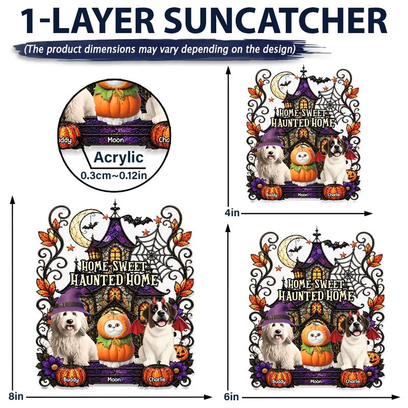 Playful,Indoor Decor,Halloween,Pet Lovers,Vector - Home Sweet Haunted Home Halloween Pets - Personalized Window Hanging Suncatcher Ornament