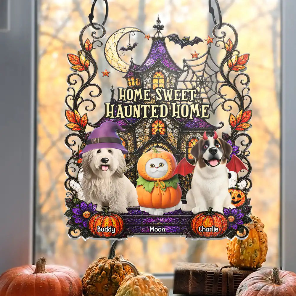 Playful,Indoor Decor,Halloween,Pet Lovers,Vector - Home Sweet Haunted Home Halloween Pets - Personalized Window Hanging Suncatcher Ornament