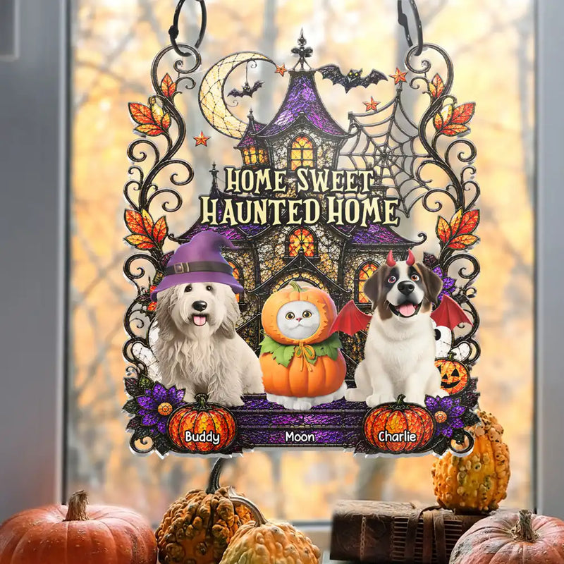 Playful,Indoor Decor,Halloween,Pet Lovers,Vector - Home Sweet Haunted Home Halloween Pets - Personalized Window Hanging Suncatcher Ornament