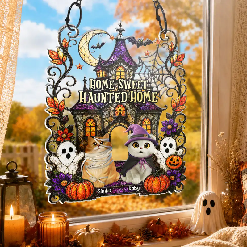 Playful,Indoor Decor,Halloween,Pet Lovers,Vector - Home Sweet Haunted Home Halloween Pets - Personalized Window Hanging Suncatcher Ornament