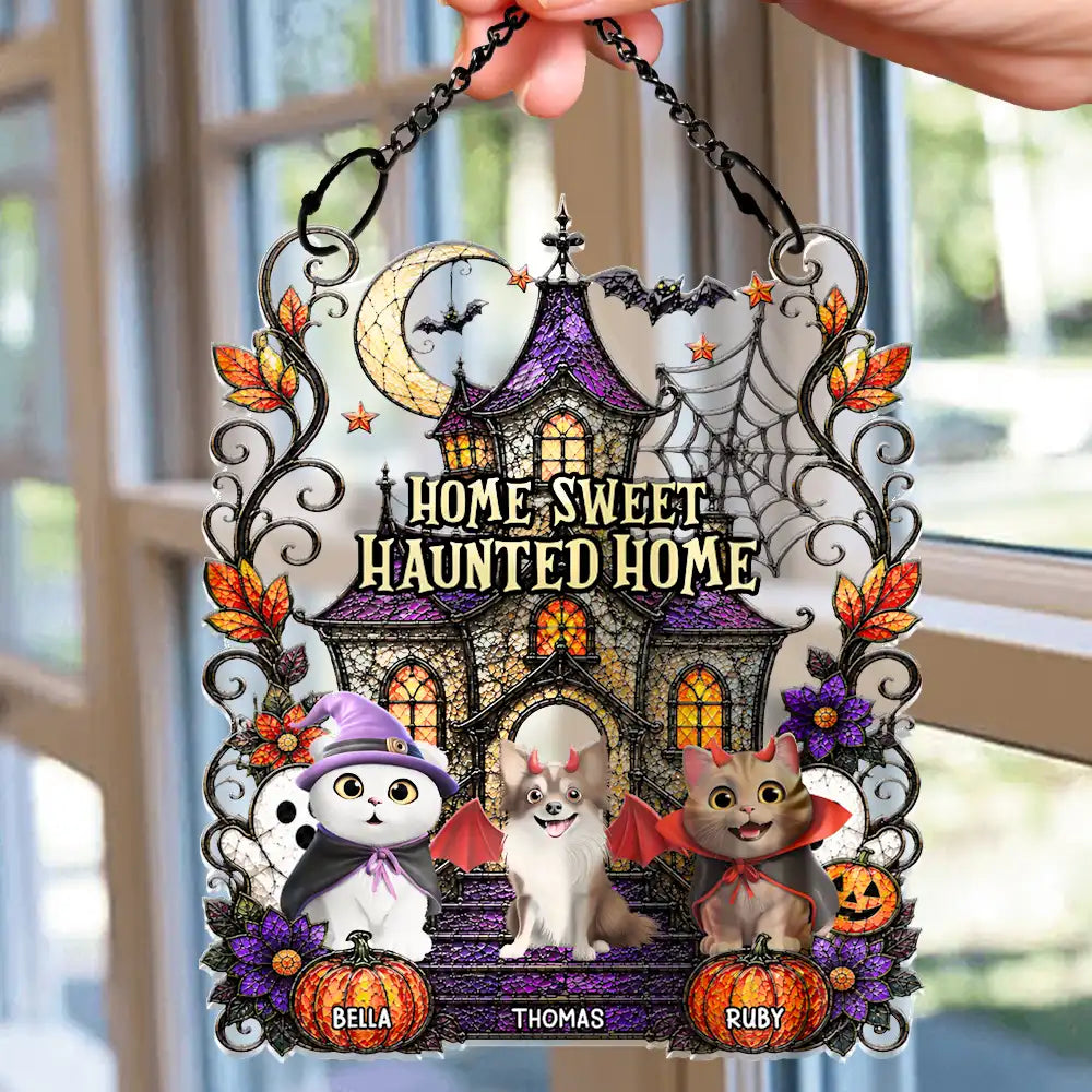 Playful,Indoor Decor,Halloween,Pet Lovers,Vector - Home Sweet Haunted Home Halloween Pets - Personalized Window Hanging Suncatcher Ornament
