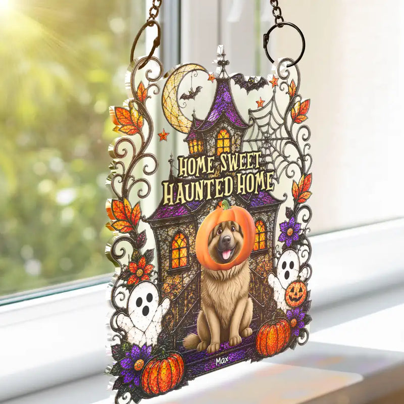Playful,Indoor Decor,Halloween,Pet Lovers,Vector - Home Sweet Haunted Home Halloween Pets - Personalized Window Hanging Suncatcher Ornament