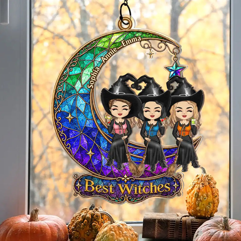Gift For Bestie,Playful,Halloween,Vector - Halloween Best Witches Bestie - Personalized Window Hanging Suncatcher Ornament