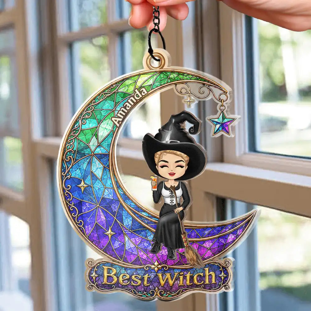 Gift For Bestie,Playful,Halloween,Vector - Halloween Best Witches Bestie - Personalized Window Hanging Suncatcher Ornament