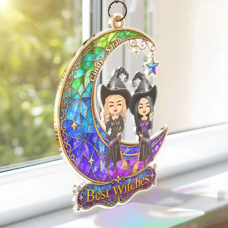 Gift For Bestie,Playful,Halloween,Vector - Halloween Best Witches Bestie - Personalized Window Hanging Suncatcher Ornament