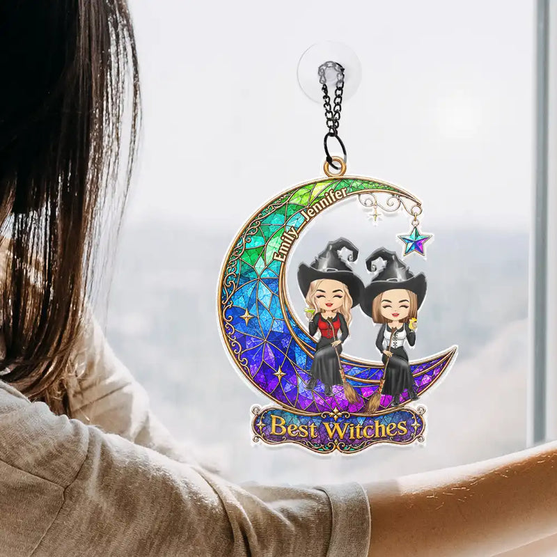 Gift For Bestie,Playful,Halloween,Vector - Halloween Best Witches Bestie - Personalized Window Hanging Suncatcher Ornament