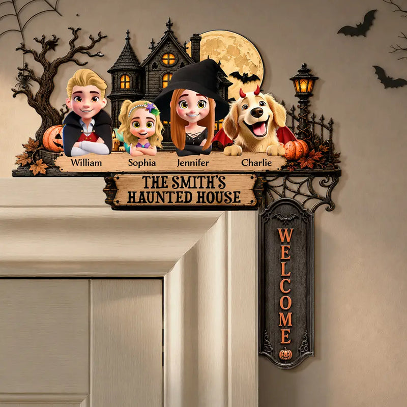 Adorable,Halloween,Family,Vector - Haunted House Family Welcome - Personalized Door Corner Wood Sign