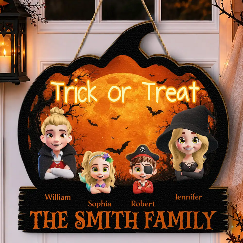 Adorable,Halloween,Family - Halloween Family Trick Or Treat - Personalized Custom Shaped Wood Sign